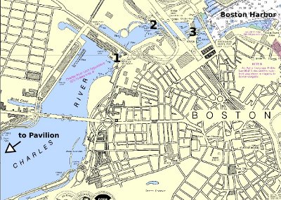 The path to Boston Harbor on NOAA chart 13272, Boston Inner Harbor, showing 1.) the old lock, 2.) the MBTA  railroad bridge, and 3.) the current lock.